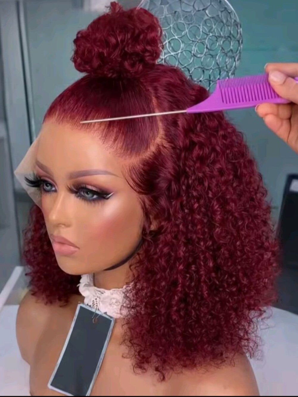 Women's 10" Inch Jerry Curl Short Bob Cut Ponytail Red Burgundy Human Hair Wig